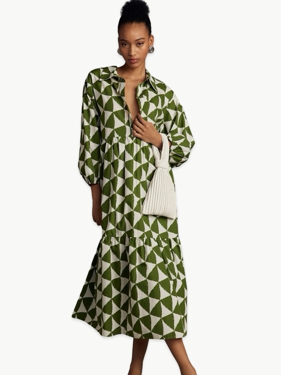 Anthropologie Dresses & Skirts - Maeve Bettina Cotton Midi Shirtdress Size Medium Tiered Green Cotton
